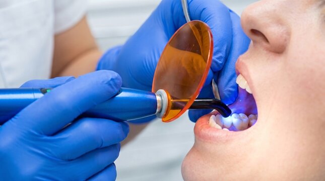 Dentist Curing Composite Filling with Blue LED Light