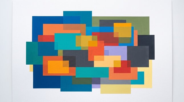 Abstract geometric composition of overlapping colorful rectangles and squares on a white background