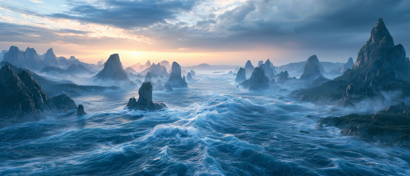 hundreds of monumental sea stacks rising from a violent ocean along an ancient eroded coastline, towering stone pillars disappearing into atmospheric mist.