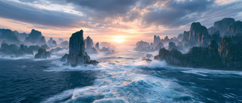 hundreds of monumental sea stacks rising from a violent ocean along an ancient eroded coastline, towering stone pillars disappearing into atmospheric mist.
