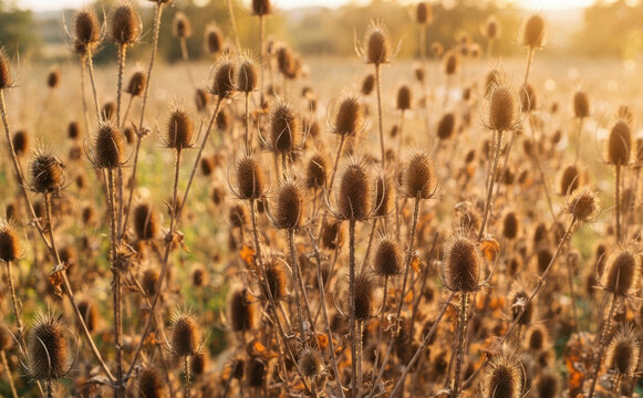 Dry teasel seed heads standing tall in a golden autumn field at sunset, representing rustic nature, wild growth, and seasonal transition for background design