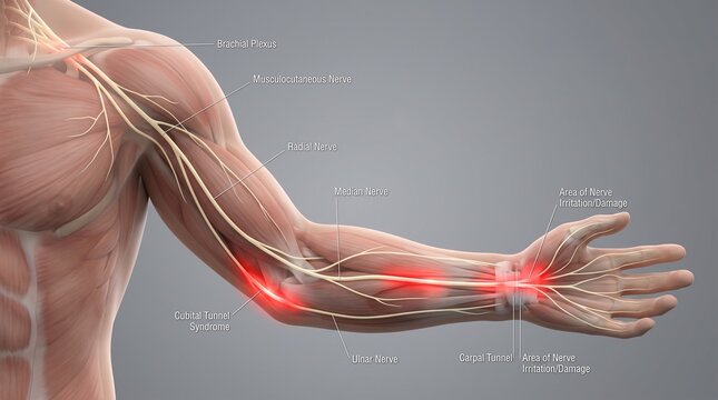 Nerve Damage and Brachial Plexus Anatomy Illustration Showing Median Ulnar Radial Nerve Irritation in Arm