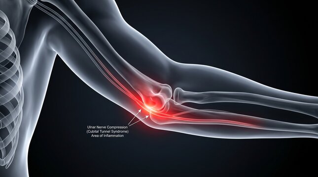 Nerve Damage in Elbow Showing Ulnar Nerve Compression and Cubital Tunnel Syndrome Inflammation in Medical 3d Rendering