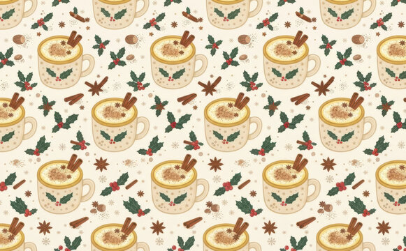 Seamless Christmas holiday pattern with mugs of hot cocoa, cinnamon sticks, holly leaves, and winter spices, festive repeating design for winter apparel, wrapping paper, and cozy textile prints
