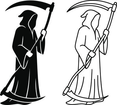 Grim reaper silhouette icons with scythe for halloween and death concepts