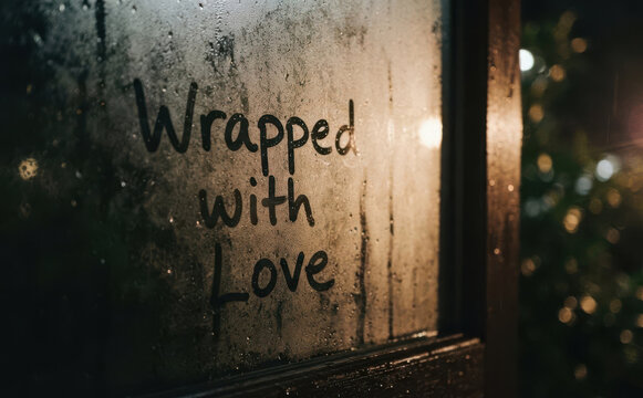 Wrapped with Love handwritten message on a misty condensation covered window glass with warm evening lights