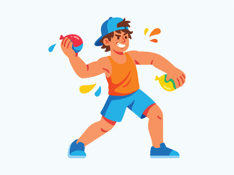 Happy man throwing colorful water balloons outdoors