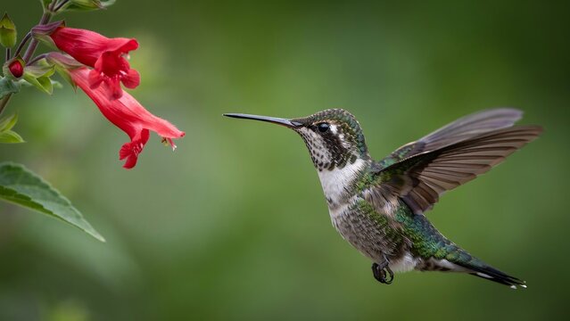 Hummingbird hovering near a red flower in a natural green garden