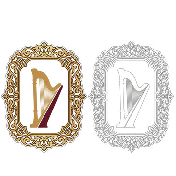 Classical harp musical instrument illustration inside decorative golden baroque style frame with ornate border music art string instrument