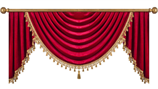 Red velvet swag curtains with gold tassel fringe hanging on a rod window treatment swag valance gold tassels fringe trim luxury home decor
