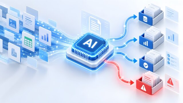 Isometric view of an artificial intelligence microchip categorizing various file types into digital bins on a clean white surface symbolizing data management