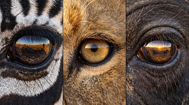 Extreme close up triptych shot showcasing vivid landscape reflection in eyes of zebra, lion, and elephant during golden hour in savanna, conceptualizing wildlife vision, African safari ecosystem