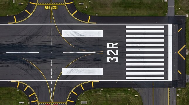 Aerial view of airport runway 32 r with white markings and black tire skid marks on asphalt surface