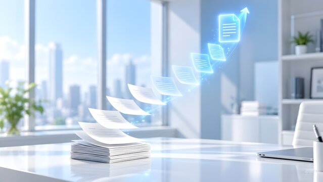 Stack of white paper documents flying upward and transforming into a glowing blue digital file icon symbolizing fast document digitization process