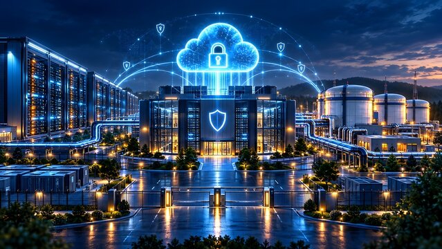 Large industrial data center complex at night with a giant glowing blue cloud hologram and shield icons representing robust cybersecurity infrastructure