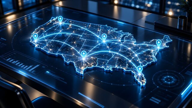 Glowing digital 3D map of the United States with connecting network lines and location pins representing national logistics and communication infrastructure