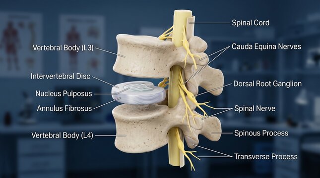 Spinal Anatomy Diagram Showing L3 L4 Vertebrae with Intervertebral Disc and Nerves for Medical Education
