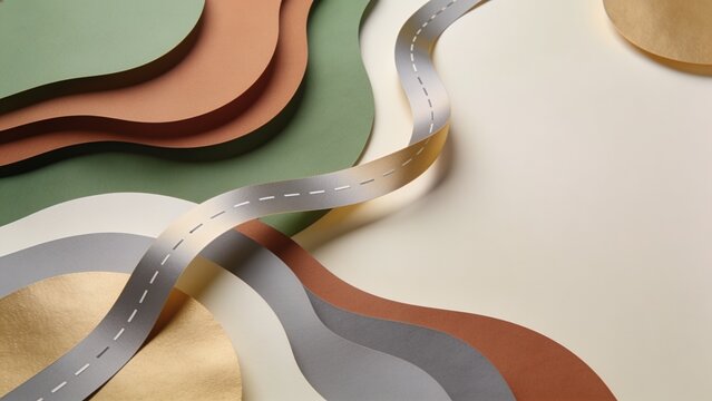 Winding paper road over layered hills abstract background for travel, roadmap and presentation