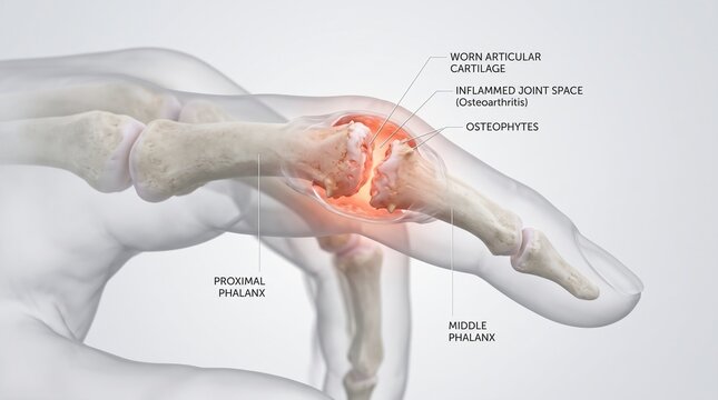 Osteoarthritis in Human Finger Joint Medical Illustration Showing Inflamed Joint Space and Bone Spurs