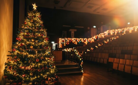 Decorated Christmas tree in an empty auditorium or hall with festive lights for holiday celebrations and events