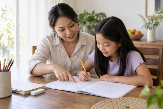 Mother helping child solve homework