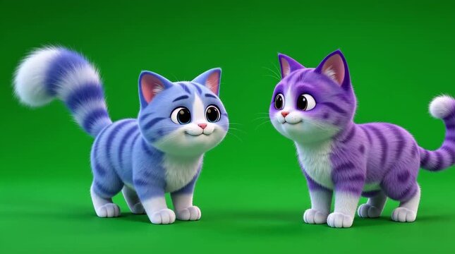 Two Cartoon Kittens Standing Side by Side on Green Screen with Playful Expressions and Soft Lighting
