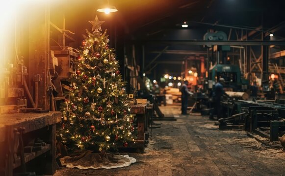 Festive Christmas tree decorated with lights inside a rustic industrial sawmill workshop for holiday season concepts
