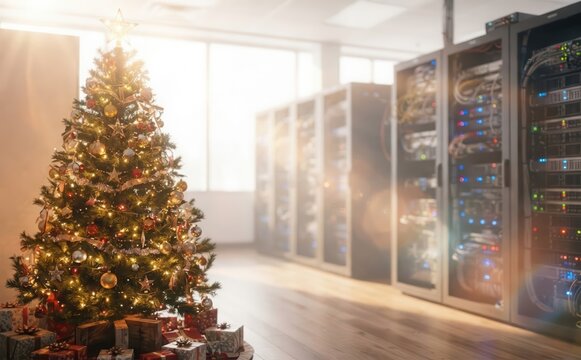 Christmas tree in a modern data center with glowing server racks, representing tech holidays, digital winter celebration, and IT corporate festive spirit
