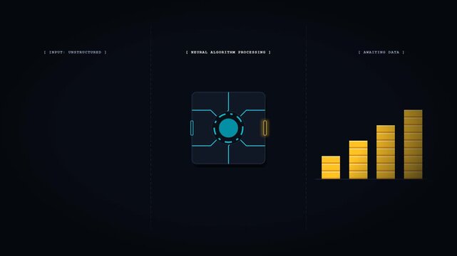 Premium 4K seamless loop animation explaining Artificial Intelligence and Data Analytics. On the left, chaotic raw data (binary numbers) is vacuumed into a glowing cybernetic AI processing chip. 