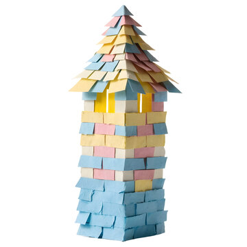 Tall decorative paper tower made from colorful stacked as isolated object