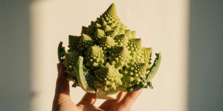 A hand holding a fresh vibrant Romanesco broccoli showcasing unique fractal patterns and natural geometry for healthy eating concepts