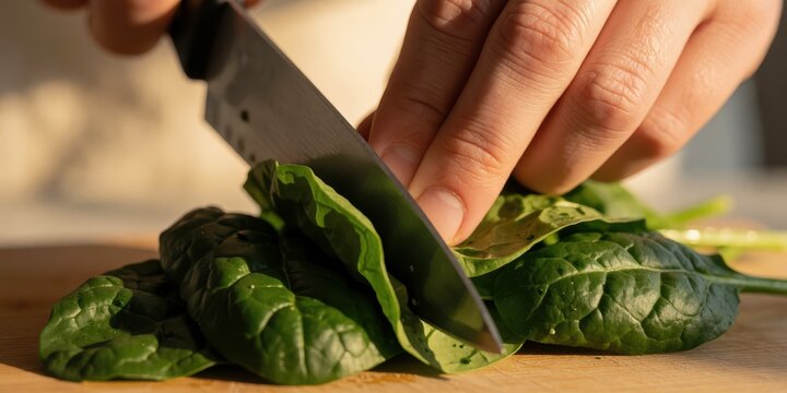 Close-up of a person slicing fresh green spinach leaves on a wooden cutting board with a sharp kitchen knife for preparing a healthy meal