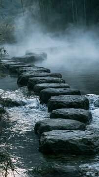 a serene river scene. A series of stepping stones traverses the river, their smooth, reflective surface reflecting the surrounding environment. The stones are dark gray.