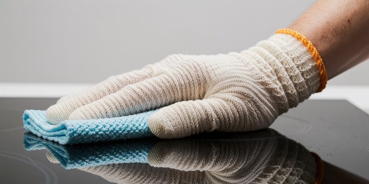 Person wearing a protective working glove wiping a black induction stove surface with a blue microfiber cloth for home cleaning
