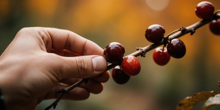Harvesting ripe coffee cherries by hand on a plantation branch for agricultural production and beverage concept