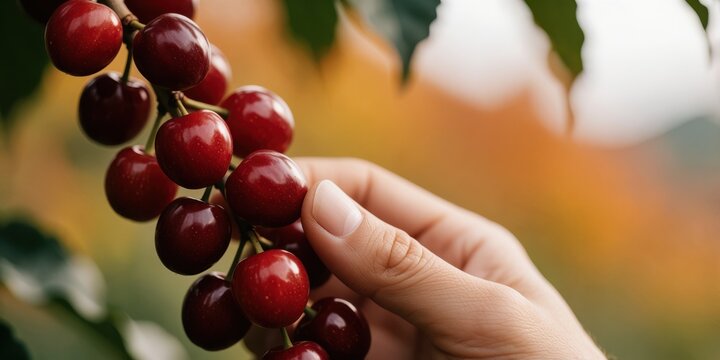 Close-up of a hand picking ripe red coffee cherries on a plantation, representing harvesting and agriculture in organic farming