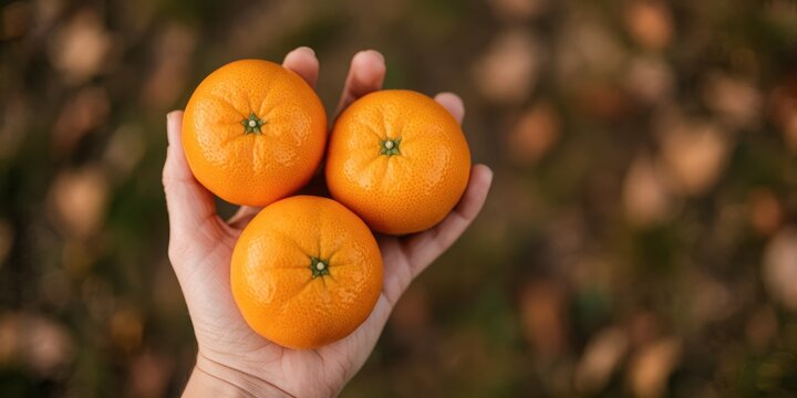 Fresh mandarins in hand outdoors with autumn background representing harvest season and healthy organic food choices for snacking