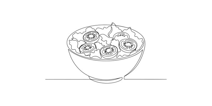 Continuous single line drawing of a fresh salad bowl with sliced tomatoes and lettuce leaves
