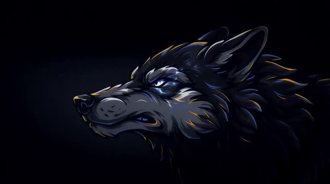 Wolf Head Portrait with Glowing Eyes Stares Intensely Against Dark Background Cinematic Style for Branding or Gaming Concept