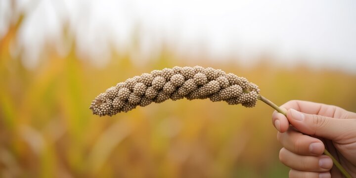 A hand holding a ripe foxtail millet ear in an agricultural field during harvest season representing autumn crops and food production