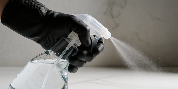 Person wearing black gloves spraying disinfectant liquid with a plastic spray bottle for cleaning and sanitizing surfaces at home