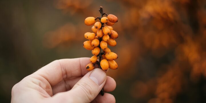A person holding a fresh branch of ripe orange sea buckthorn berries outdoors, representing autumn harvesting, healthy organic food, natural remedies and vitamin C supplementation