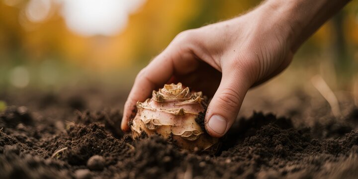 A close-up shot of a gardener hands planting a celeriac root vegetable in rich fertile soil outdoors