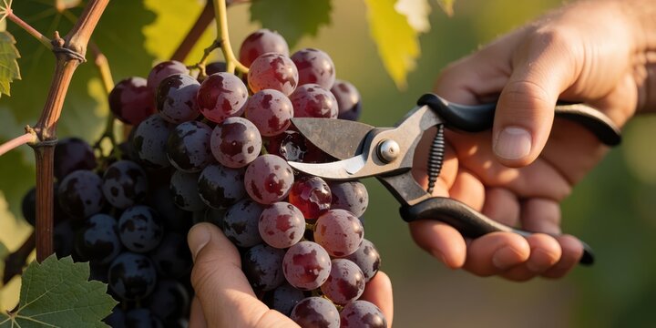 Harvester harvesting red wine grapes with pruning shears in vineyard during autumn harvest season