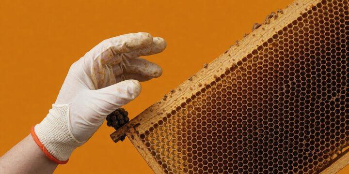 Beekeeper holding a honeycomb frame with bees and honey against a solid orange background for beekeeping and honey production concepts