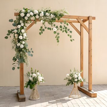 Wooden wedding arch adorned with lush white roses and greenery during soft daylight