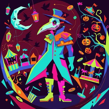 Plague doctor character in vibrant geometric style at a glowing Halloween carnival at night, Halloween poster template background