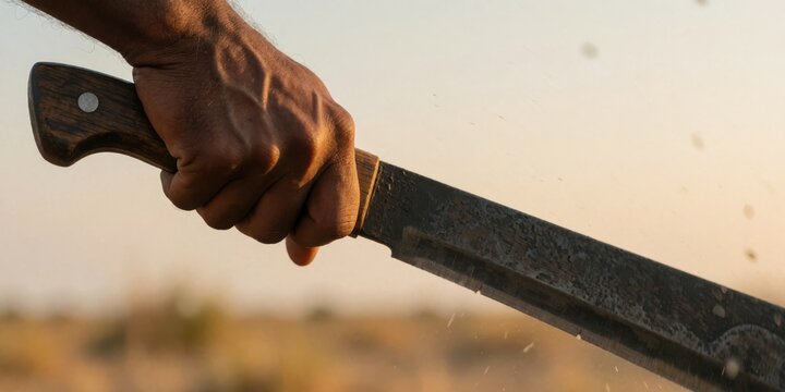 Close-up of a man holding a rusty machete with a wooden handle during agricultural work