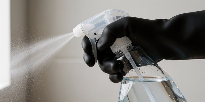 Gloved hand using spray bottle with water vapor cleaning surface closely