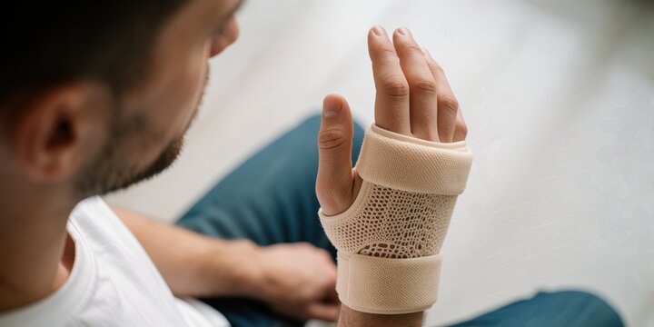 Young adult man looking at his hand wearing a medical wrist brace support orthosis for injury recovery and carpal tunnel syndrome treatment